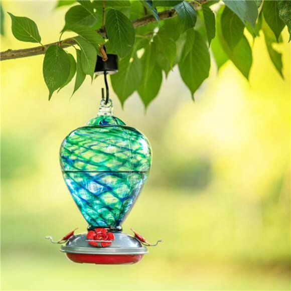 Hummingbird Feeders,34OZ Hand BlownGlass Hummingbird Feeder for Outdoors Hanging - Picture 3 of 7